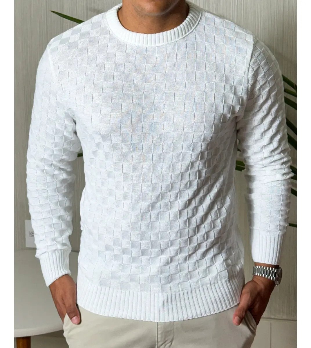 Suéter Masculino Lã Tricot Manga Longa Xadrez Blusa De Frio Suéter Masculino Lã Tricot Manga Longa Xadrez Blusa De Frio
