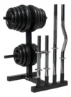 Suporte organizador de anilhas, barras e halteres MegaGym Fitness na cor preta, demonstrando sua estrutura robusta e capacidade de organização para equipamentos de musculação.