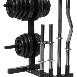 Suporte organizador de anilhas, barras e halteres MegaGym Fitness na cor preta, demonstrando sua estrutura robusta e capacidade de organização para equipamentos de musculação.