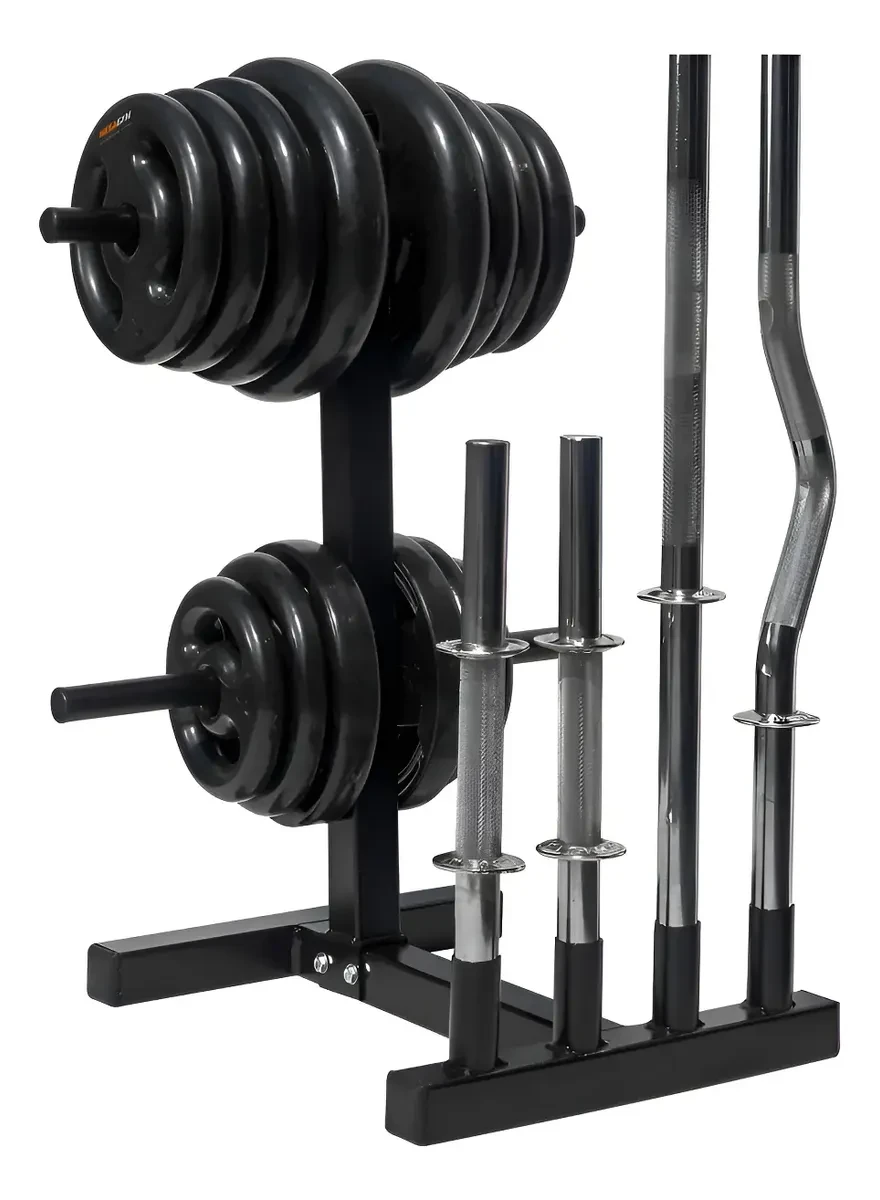 Suporte para Barra e Halter Organizador de Anilhas MegaGym Fitness Oferta Suporte organizador de anilhas, barras e halteres MegaGym Fitness na cor preta, demonstrando sua estrutura robusta e capacidade de organização para equipamentos de musculação.