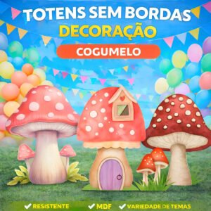 Totem Display Festa Cogumelo 40cm em MDF vermelho rosa com detalhes em branco
