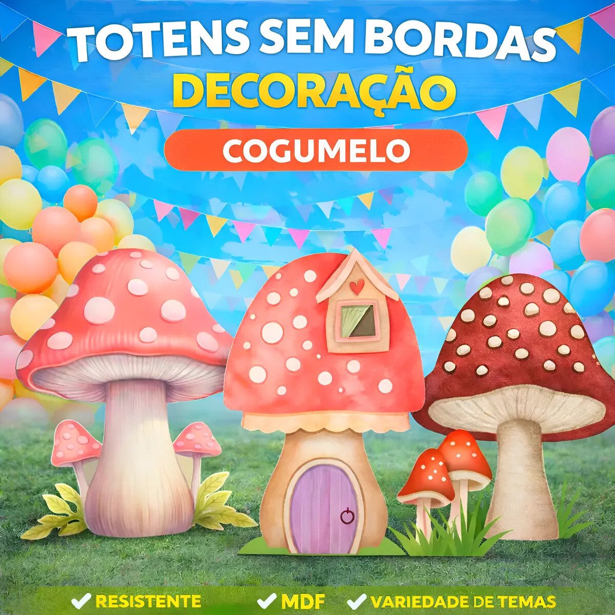 Totem Display Festa Cogumelo 40cm Desconto Frete Grátis Totem Display Festa Cogumelo 40cm em MDF vermelho rosa com detalhes em branco