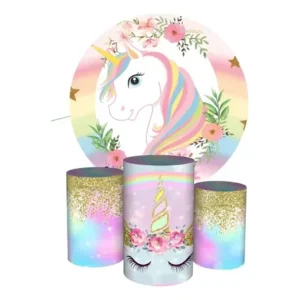 Trio Capas Cilindro + Painel 1,50m Unicórnio para Decoração de Festas