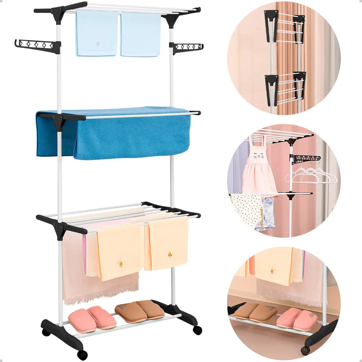 Varal Dobrável De Chão 3 Andares De Roupas Grande Com Rodinha Resistente Durável Irsina Preto E Branco Varal Dobrável De Chão 3 Andares De Roupas Grande Com Rodinha Resistente Durável Irsina Preto E Branco
