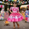 Vestido Festa Caipira Infantil Coração Xadrez Junino Rosa