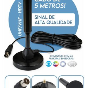 Antena Tv Digital Interna Externa Uhf Vhf Em Alumínio Com Base Magnética Cabo 5m Alta Definição Para Tv E Conversor Sinal Estável Instalação Fácil Sem Mensalidade Davely Preto