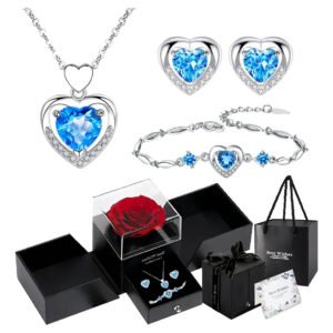 Caixa De Presente Com Colar Feminino De Coração E Rosas, Colar, Pulseira E Brincos Femininos No Formato De Coração Conjunto, Um Presente Para Mulheres No Dia Dos Namorados, Dia Das Mães E Natal. Azul