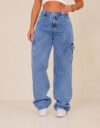 Calça Cargo Jeans Feminina Wide Leg Cintura Alta Stillger