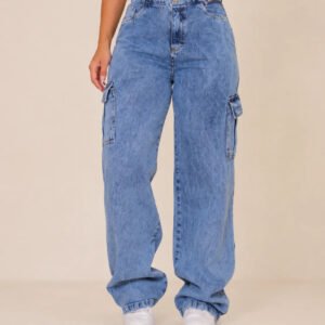 Calça Cargo Jeans Feminina Wide Leg Cintura Alta Stillger