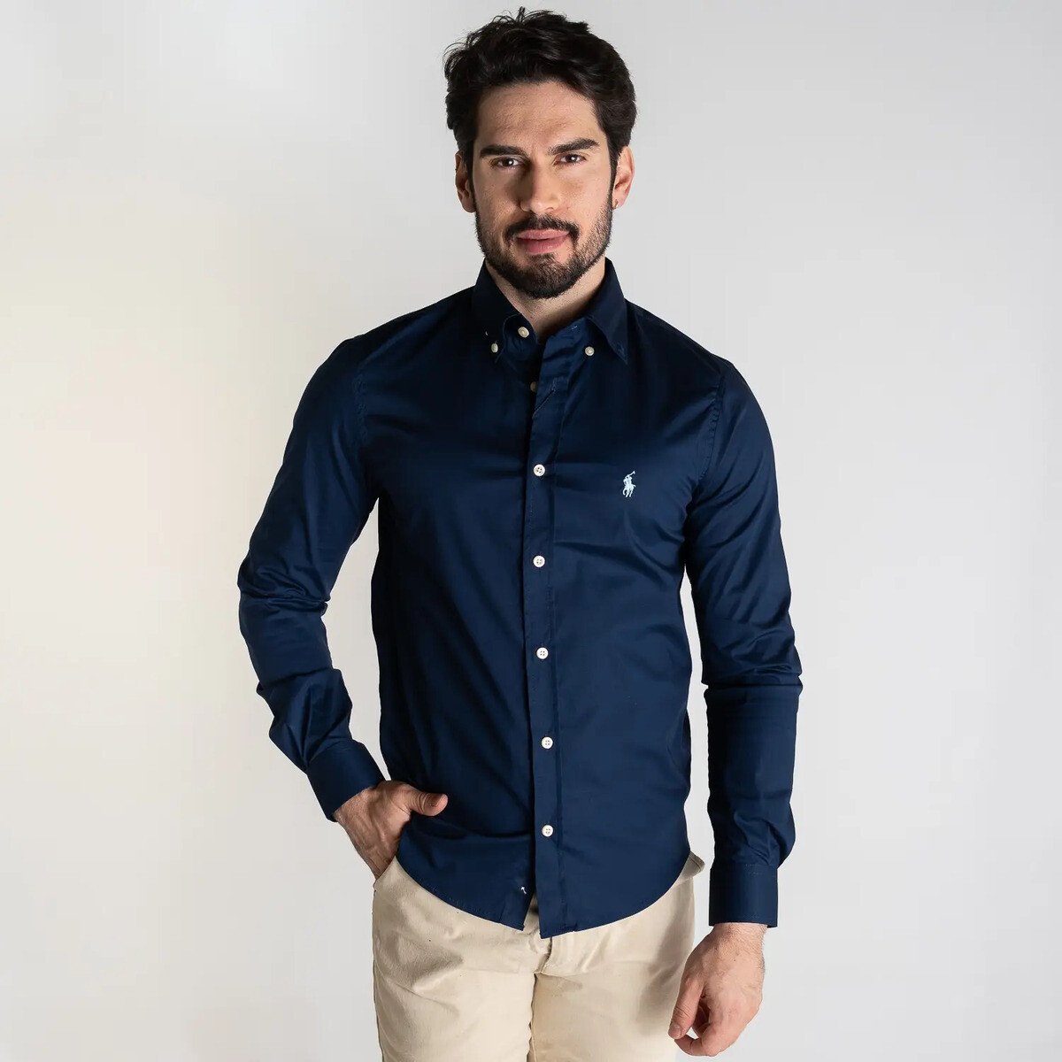 Camisa Ralph Lauren Slim Azul Marinho Manga Longa Camisa Ralph Lauren Slim Azul Marinho Manga Longa