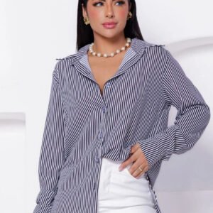 Camisa Social Feminina Clássica Listrada C/ Botões Tendência