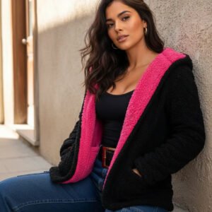 Casaco Teddy Dupla Face Reversível Feminino Inverno 2 em 1 preto pink, quente, estiloso e com capuz.