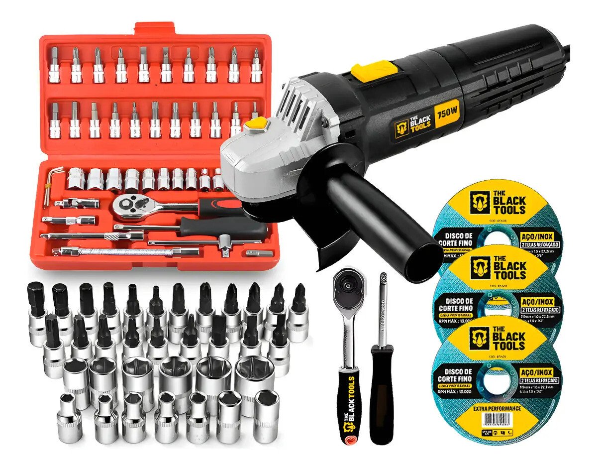 Esmerilhadeira Lixadeira Angular 4.1/2 750w C/ Discos De Corte Fino + Kit De Ferramentas 46 Peças The Black Tools Preto 127v Esmerilhadeira Lixadeira Angular 4.1/2 750w C/ Discos De Corte Fino + Kit De Ferramentas 46 Peças The Black Tools Preto 127v