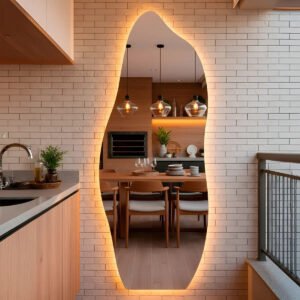 Espelho Orgânico Com Led 170×70 Cm Ideal Para Quarto, Banheiro, Escritório, Hall E Sala – Modelo Flame Com Iluminação Led Quente, Perfeito Para Ambientes Com Decoração Moderna Flame Led Quente