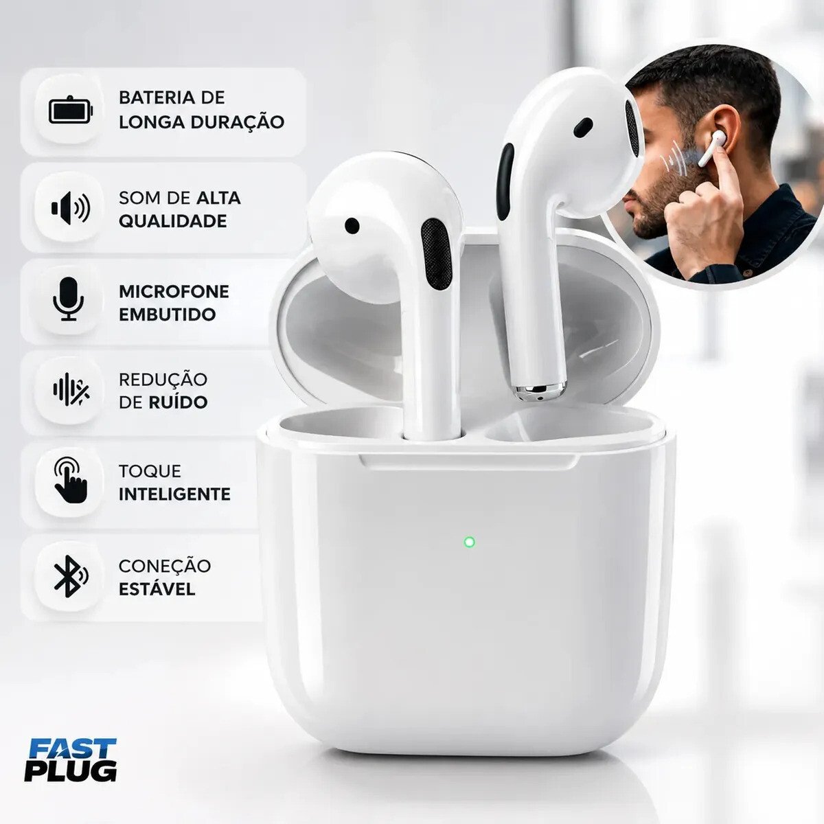 Fone De Ouvido Bluetooth Sem Fio Bateria De Longa Duração Pro 4 Branco Conecta Rápido Fast Plug Com Case Carregador E Microfone Fone De Ouvido Bluetooth Sem Fio Bateria De Longa Duração Pro 4 Branco Conecta Rápido Fast Plug Com Case Carregador E Microfone