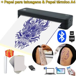 Impressora E De Tatuagem A4 2en1 Bluetooth + Papel A4 + Papel De Tatuagem Portátil 203dpi 127v/220v Usb Portátil… Preto