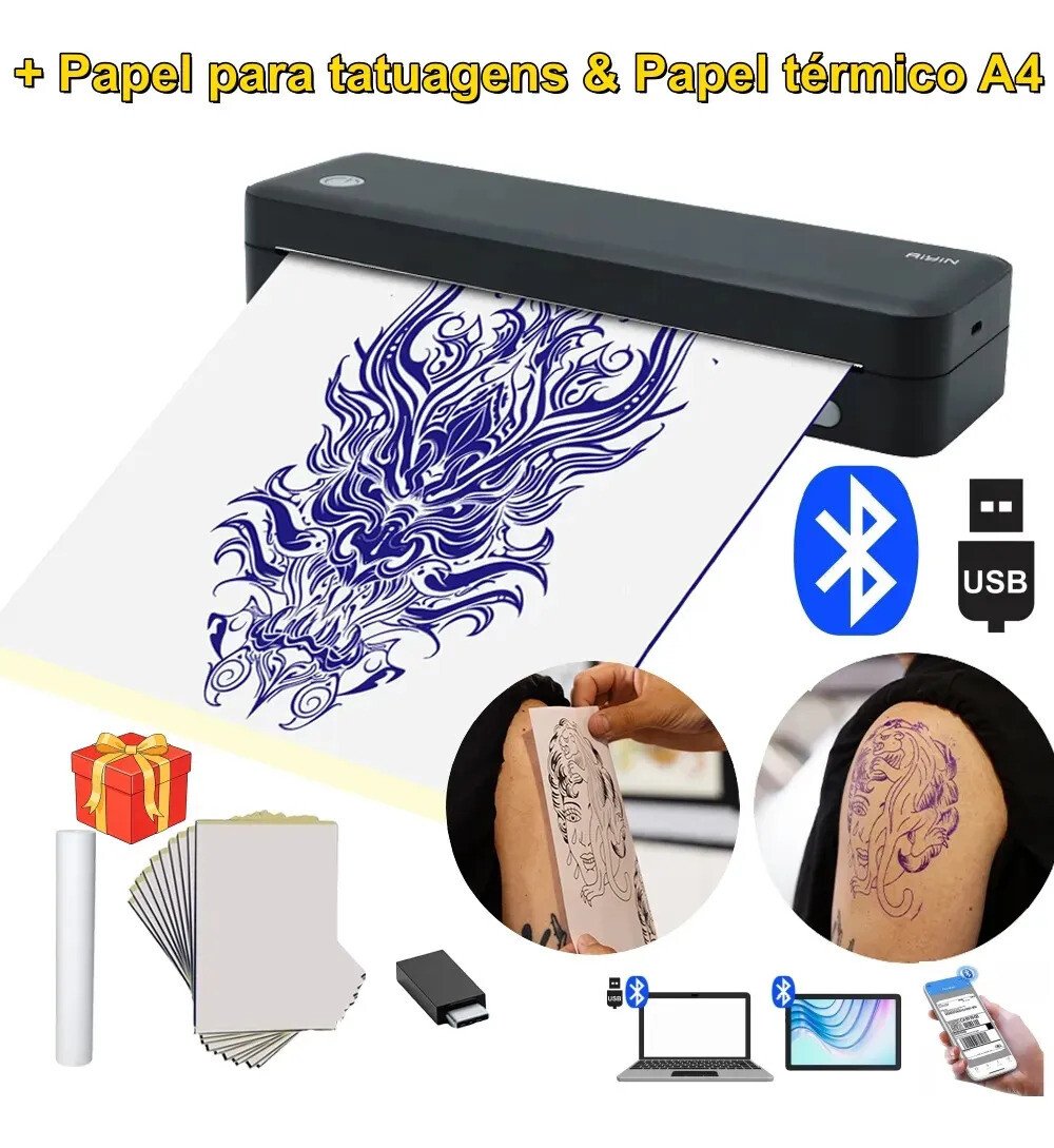 Impressora E De Tatuagem A4 2en1 Bluetooth + Papel A4 + Papel De Tatuagem Portátil 203dpi 127v/220v Usb Portátil... Preto Impressora E De Tatuagem A4 2en1 Bluetooth + Papel A4 + Papel De Tatuagem Portátil 203dpi 127v/220v Usb Portátil... Preto
