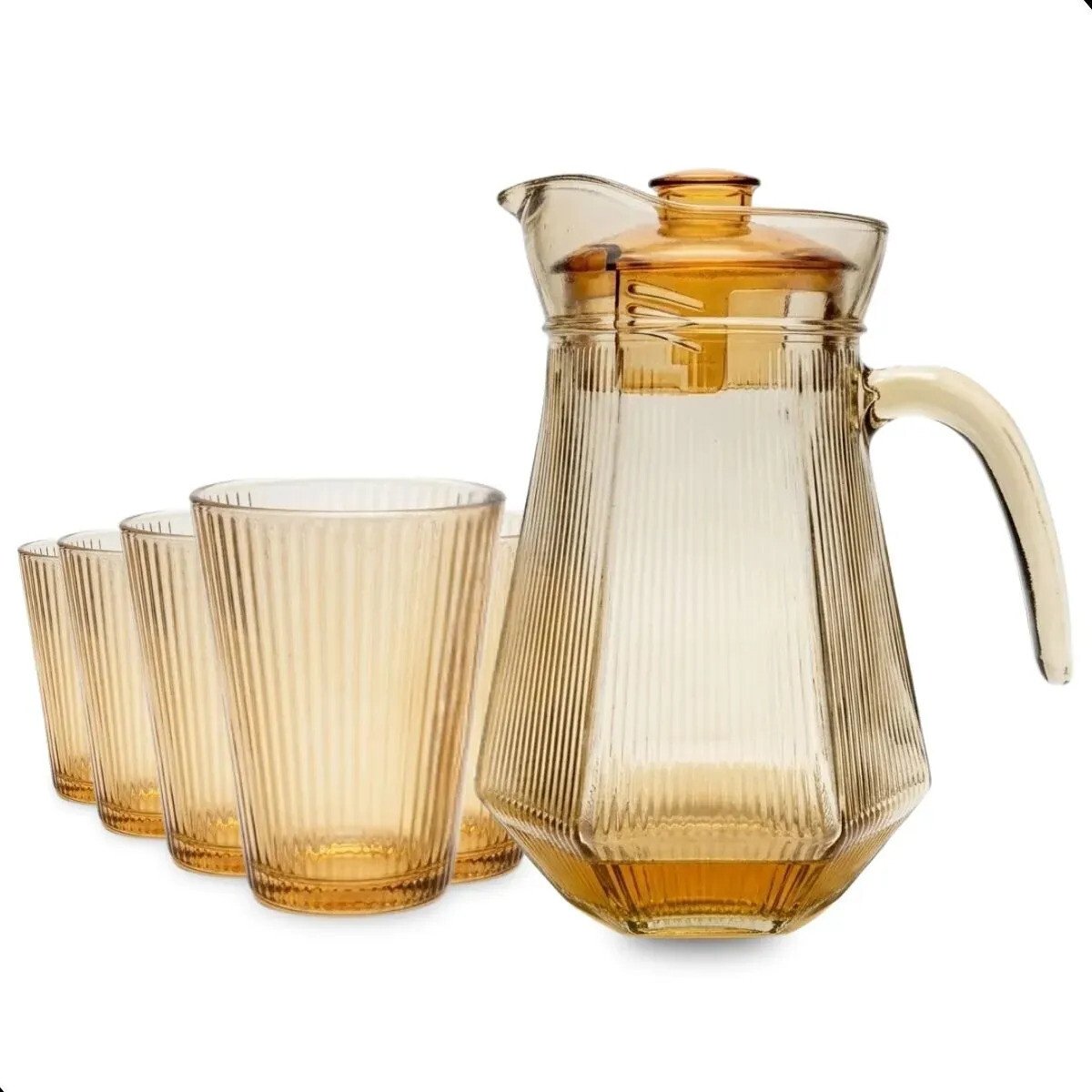 Jarra Com 6 Copos Vidro 7 Peças Kit Suco Água Bebidas Dourado Jarra Com 6 Copos Vidro 7 Peças Kit Suco Água Bebidas Dourado