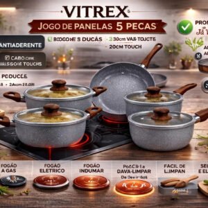 Jogo 5 Panelas Bologna Indução Cerâmica Cinza Vitrex para fogão de indução com revestimento antiaderente