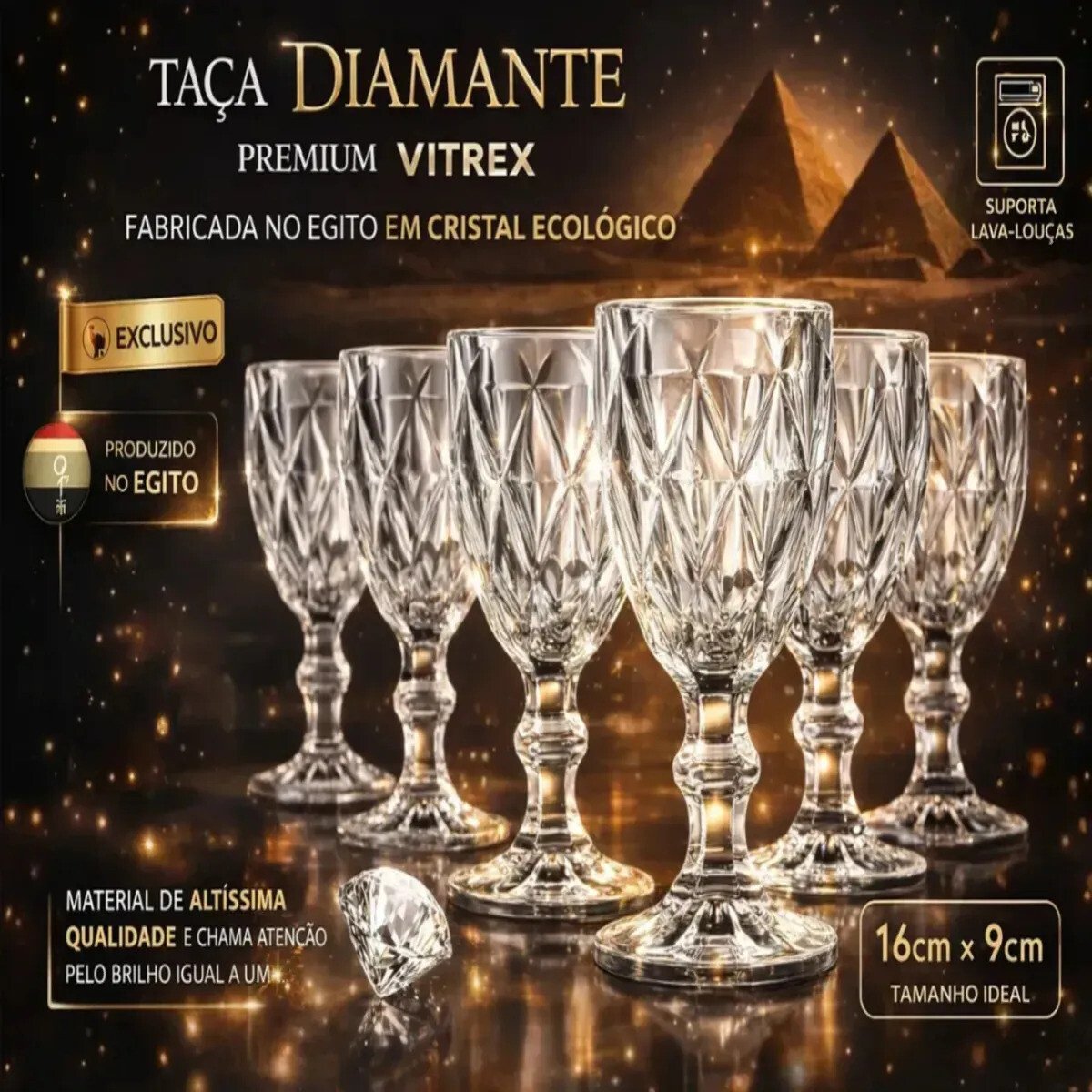 Jogo 6 Taças De Cristal 340ml Diamond Transparente Lapidado Vitrex Jogo 6 Taças De Cristal 340ml Diamond Transparente Lapidado Vitrex