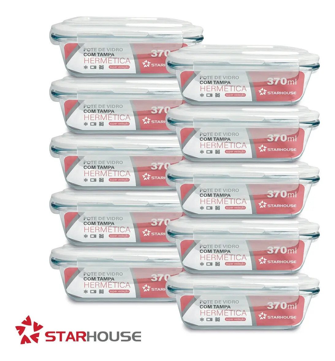 Kit 10 Potes Vidro 370ml Hermético Marmita Forno Refratário Star House Kit 10 Potes Vidro 370ml Hermético Marmita Forno Refratário Star House
