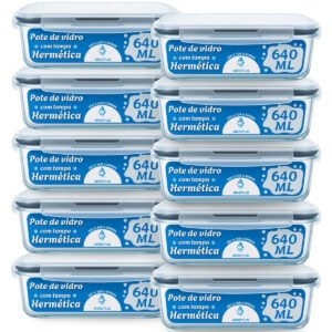 Kit 10 Potes Vidro Hermético Aristus 640ml Marmita Anti Vazamento Forno Micro-ondas Freezer Tampa 4 Travas – Cinza