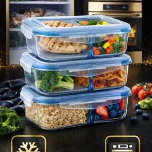 Kit 3 Potes Marmita Vidro Hermético 1040ml C/ Divisória Free Freezer Microondas Forno Água
