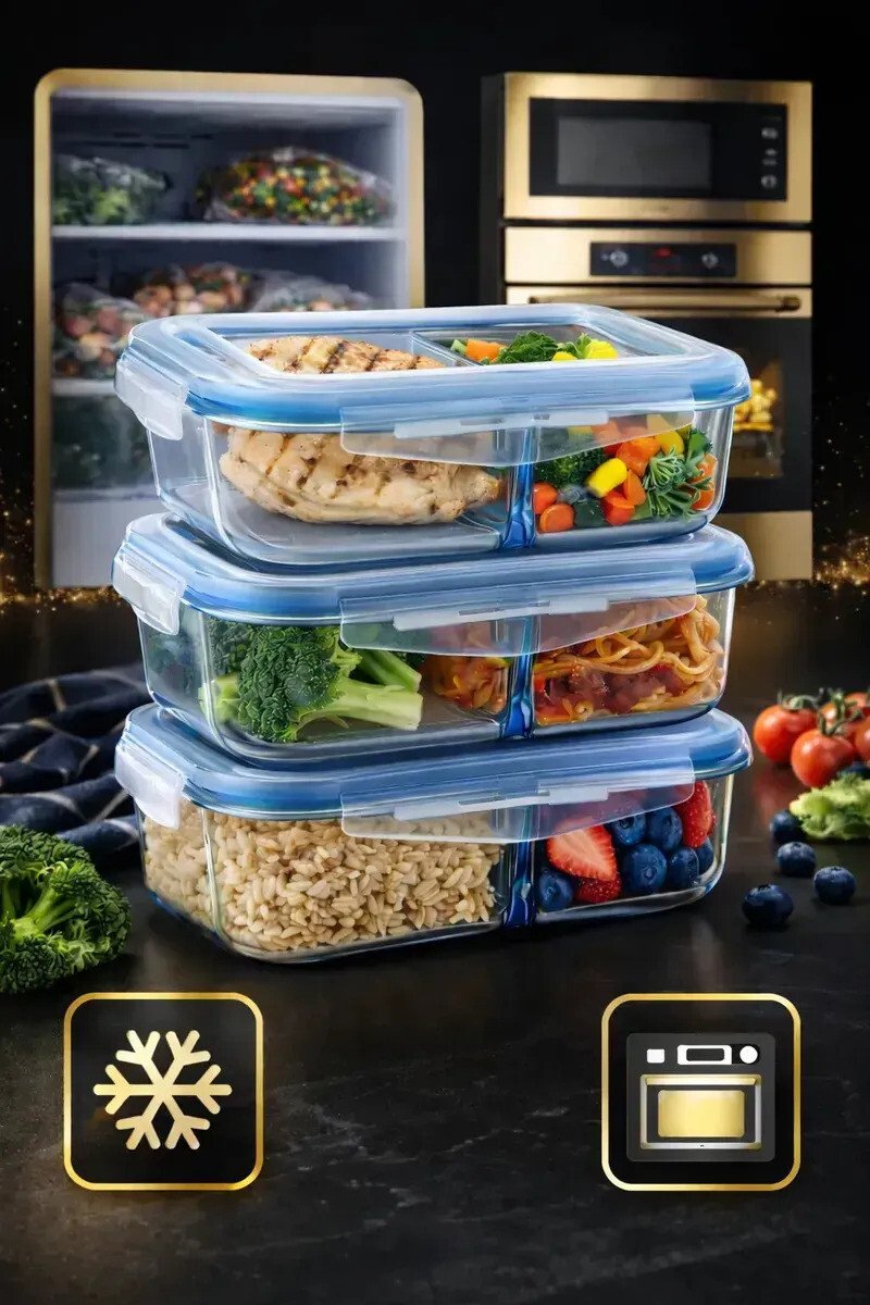 Kit 3 Potes Marmita Vidro Hermético 1040ml C/ Divisória Free Freezer Microondas Forno Água Kit 3 Potes Marmita Vidro Hermético 1040ml C/ Divisória Free Freezer Microondas Forno Água