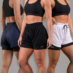 Kit 3 Short Duplo Fitness Feminino 2em1 Cintura Alta Bolso