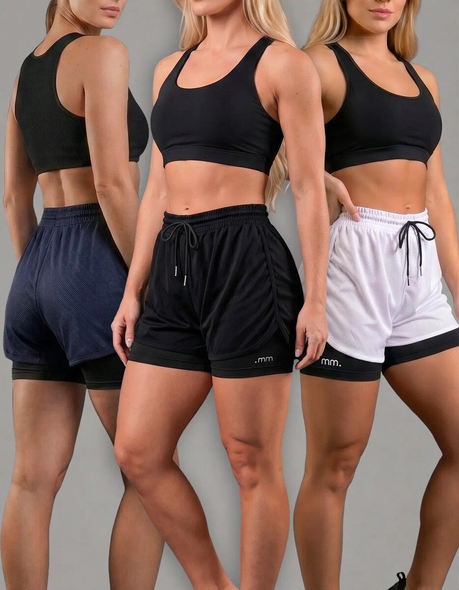 Kit 3 Short Duplo Fitness Feminino 2em1 Cintura Alta Bolso Kit 3 Short Duplo Fitness Feminino 2em1 Cintura Alta Bolso