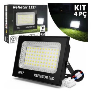 Kit 4 Holofote Refletor Super Led 300w Luminária Cor Da Luz Branco Frio 6500k Ip67 Bovolt Preto 127/220v