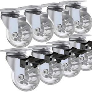 Kit 8 Rodinhas Para Moveis Rodízio Roda 50mm Silicone Reforçada Giratória Com Trava 2 Polegadas Com Placa E Freio Gel Transparente