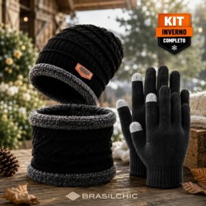Kit Inverno Touca Gorro Forrado Gola Cachecol Térmica + Luva Touch Celular Unissex Frio Intenso Moto Viagem Caminhada Proteção Contra Vento Peluciado Quente Brasil Chic Preto Un