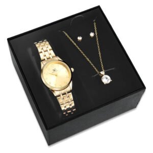 Kit Relógio Feminino Dourado Saint Germain com Colar e Brincos Ponto de Luz