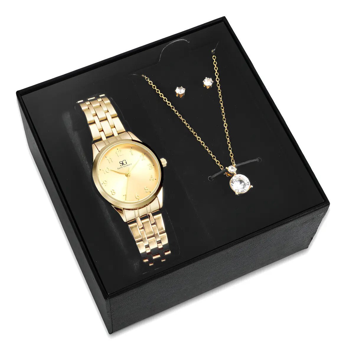 Kit Relógio Feminino Dourado Saint Germain Original Luxo Oferta Kit Relógio Feminino Dourado Saint Germain com Colar e Brincos Ponto de Luz