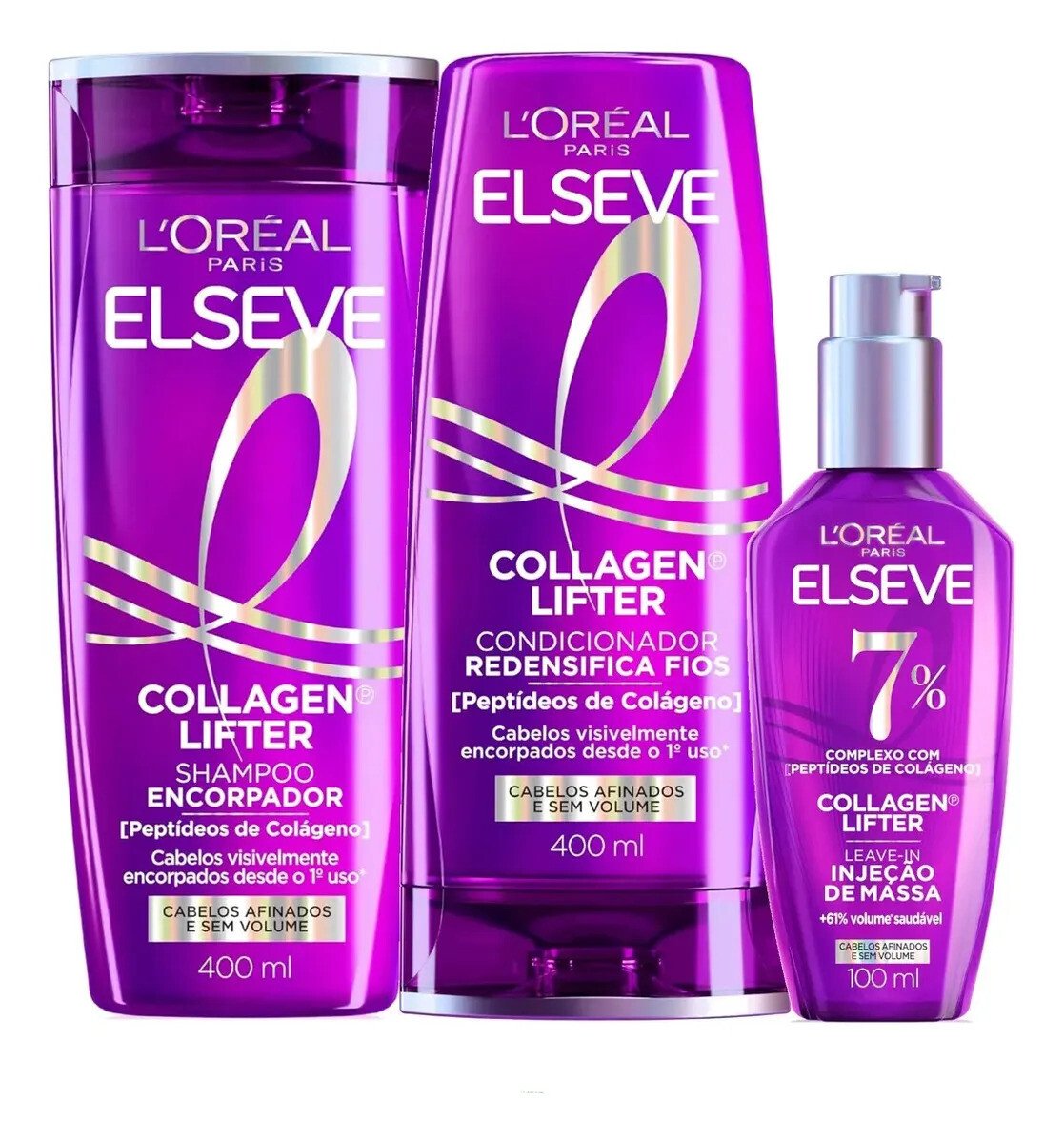L'oréal Paris Elseve Collagen Lifter Kit Shampoo, Condicionador E Sérum Leave-in Com Peptídeos E Proteção Térmica Para Cabelos Finos, Volume Em 3d, 400ml + 400ml + 100ml L'oréal Paris Elseve Collagen Lifter Kit Shampoo, Condicionador E Sérum Leave-in Com Peptídeos E Proteção Térmica Para Cabelos Finos, Volume Em 3d, 400ml + 400ml + 100ml