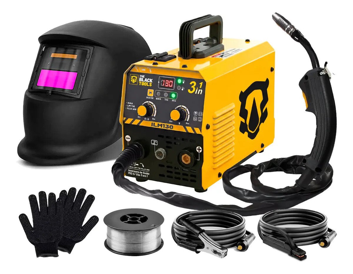 Maquina Inversora De Solda Mig Sem Gás 130a 3 Em 1 Tig Lift Com Acessórios Amarelo The Black Tools 220v Maquina Inversora De Solda Mig Sem Gás 130a 3 Em 1 Tig Lift Com Acessórios Amarelo The Black Tools 220v