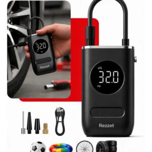Mini Compressor Digital Portátil Rezzet Para Carro Moto E Bicicleta Com Calibrador Digital Inflador Elétrico De Pneus 12v Display Lcd Lanterna Led Compacto E Recarregável Preto 127/220v