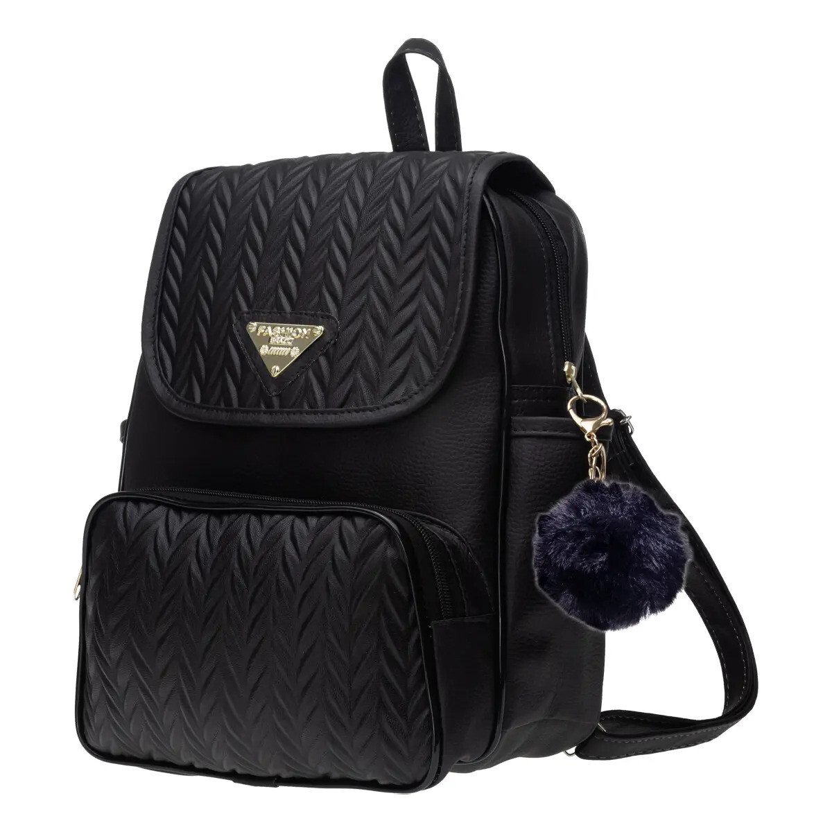 Mochila Feminina Bolsa Escolar Reforçada Trabalho C/ Pompom Preto Estampado Mochila Feminina Bolsa Escolar Reforçada Trabalho C/ Pompom Preto Estampado