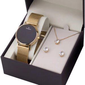 Relógio Digital Champion Feminino Dourado Com Colar Brincos Fundo Preto