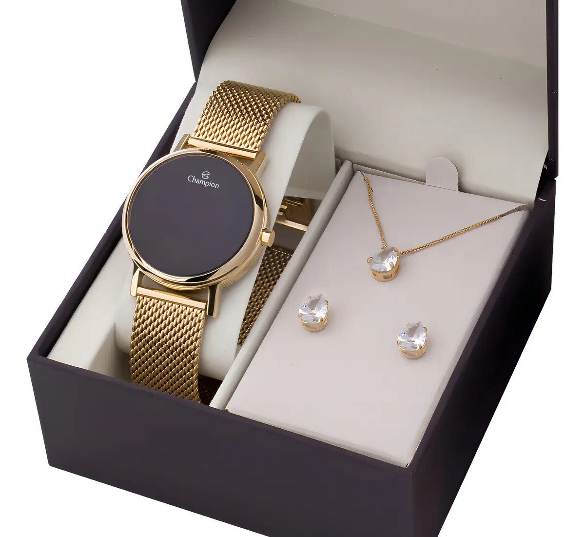 Relógio Digital Champion Feminino Dourado Com Colar Brincos Fundo Preto Relógio Digital Champion Feminino Dourado Com Colar Brincos Fundo Preto