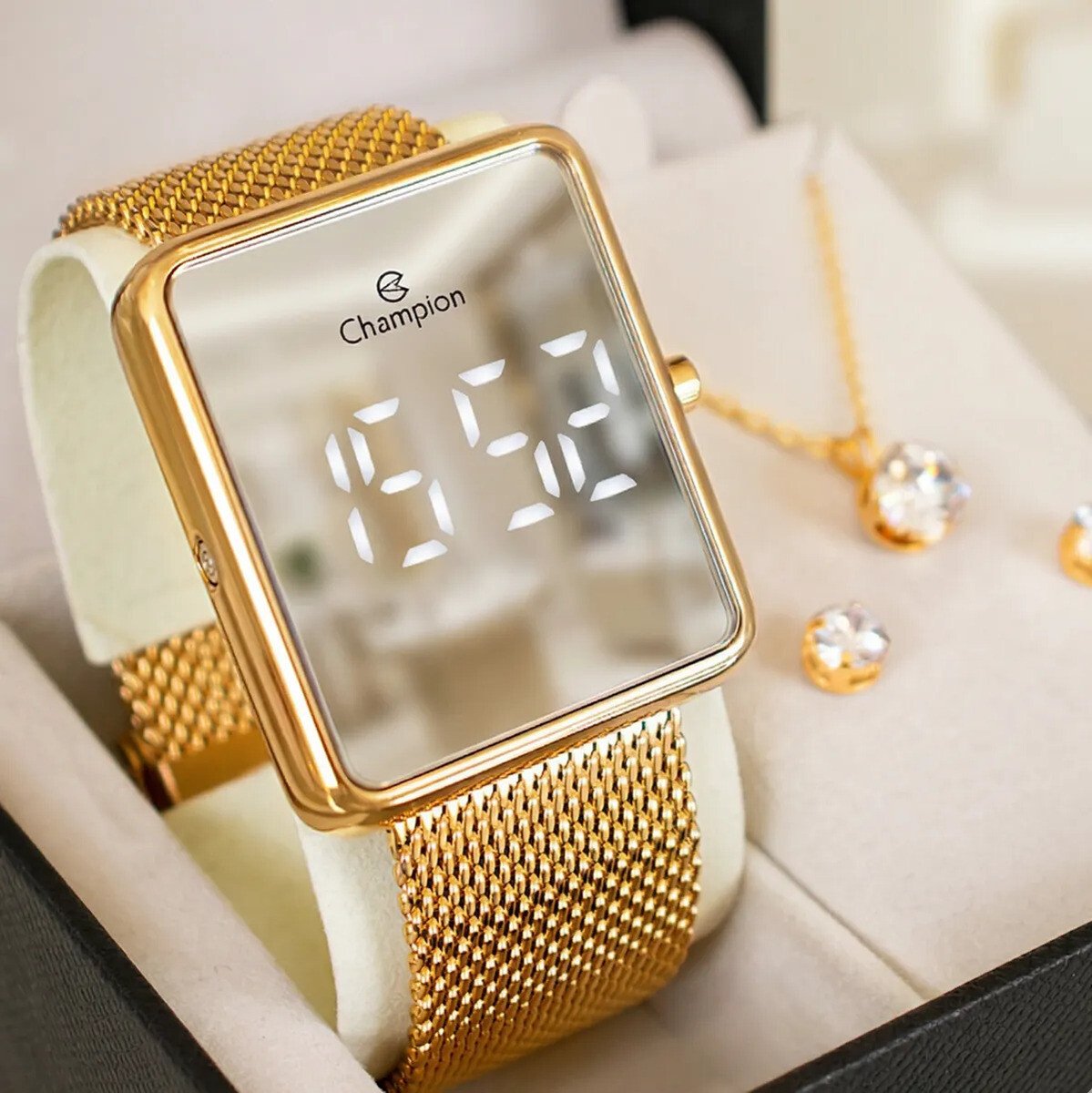 Relógio Feminino Champion Dourado Espelhado Original Frete Grátis Relógio Feminino Champion Dourado Espelhado com pulseira de aço inoxidável e kit colar brinco