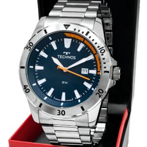 Relógio Technos Militar Masculino Aço Inox Prata Fundo Azul 50m Água