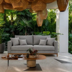 Sofa 3 Lugares Beny Madeira Linho Premium 180cm 4 Almofadas