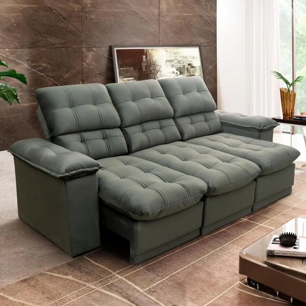Sofá Retrátil Reclinável Atenas 2,30m Suede Velut Cinza Sofá Retrátil Reclinável Atenas 2,30m Suede Velut Cinza