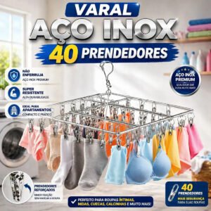 Varal Suspenso Para Roupas Íntimas Em Aço Inox Com 40 Prendedores Prateado