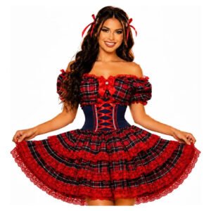 Vestido Caipira Adulto Xadrez Luxo Acinturado Com Espartilho