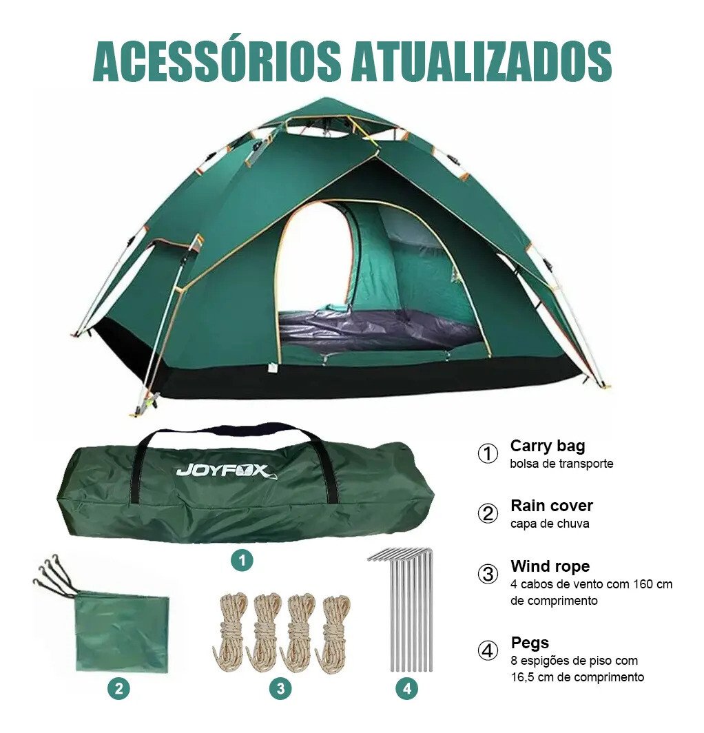 Barraca De Camping Joyfox Automática 3-4 Pessoas Impermeável 2000mm Verde Verde-escuro Barraca De Camping Joyfox Automática 3-4 Pessoas Impermeável 2000mm Verde Verde-escuro