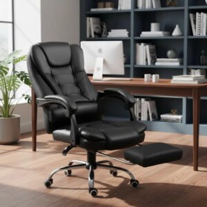 Cadeira De Escritório Presidente Moonow Ergonômica Com Espuma D33 Apoio De Pés Giratória Massagem Couro Preto Couro Sintético