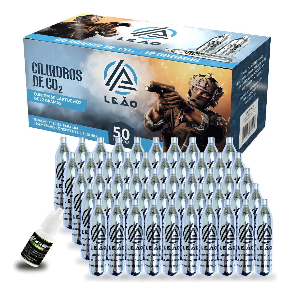 Caixa 50 Cilindros Co2 Para Airsoft Airgun 12g Leão +brinde Caixa 50 Cilindros Co2 Para Airsoft Airgun 12g Leão +brinde